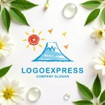 画像10: 手描き風の富士山、太陽と鳥の風景ロゴ (10)