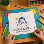 画像8: 枕で微笑む子供と輝く星のロゴ (8)