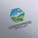 画像16: 山、太陽、緑の大地で構成された自然の六角形のロゴ (16)