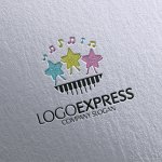 画像16: ピアノの上に踊る音符と星が描かれた音楽ロゴ (16)