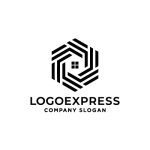 画像1: 六角形の線と家が描かれた幾何学的なロゴ (1)