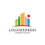 画像1: カラフルな建物と太陽の街並みロゴ (1)