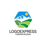 画像1: 山、太陽、緑の大地で構成された自然の六角形のロゴ (1)