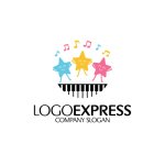 画像1: ピアノの上に踊る音符と星が描かれた音楽ロゴ (1)